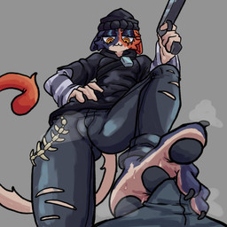 anthro bulge duo feet female foot_fetish foot_focus gun male male/female paws ranged_weapon weapon yuann0o0 epic_games fortnite meow_skulls calico_cat domestic_cat felid feline felis mammal 1:1 hi_res