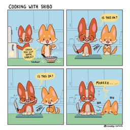 ambiguous_gender anthro appliance bodily_fluids chibi chopping_block collar cooking detailed_background dialogue duo eyewear fire food fridge garlic glasses humor inside kitchen kitchen_appliance knife looking_at_object nervous nervous_sweat pan plant sweat text vegetable couppy_comics canid canine canis domestic_dog herding_dog mammal pastoral_dog welsh_corgi 1:1 absurd_res comic english_text hi_res url