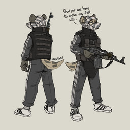 ak_platform akms anthro armor_plates assault_rifle boots bulletproof_vest clothing cross dialogue drum_magazine ears_up face_hidden footwear gun holding_gun holding_object holding_ranged_weapon holding_rifle holding_weapon male mask ranged_weapon rifle shoes solo tail text weapon mawkvlt adidas hyena mammal 1:1 hi_res