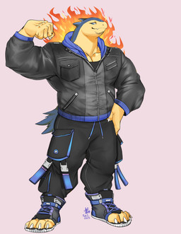 4_toes 5_fingers abs anthro anthrofied barazoku beard biped blue_body blue_eyes blue_fur bottomwear claws clothed clothing facial_hair feet finger_claws fingers fire fist flexing flexing_bicep footwear front_view fur hand_in_pocket hand_on_hip humanoid_hands jacket looking_at_viewer male manly musclegut muscular muscular_arms muscular_legs muscular_male open-toed_sneakers pants pecs plantigrade pockets pose purple_background quads shoes simple_background smile smirk sneakers solo standing tan_body tan_fur teeth toe_claws toes topwear yellow_body yellow_fur itsdhani nintendo pokemon fan_character generation_2_pokemon pokemon_(species) typhlosion 2023 absurd_res character_request dated hi_res pinup signature