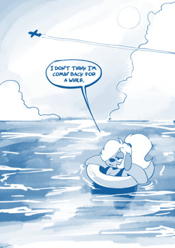 aircraft airplane anthro breasts cleavage clothed clothing cloud day dialogue female hair hair_over_eye half-closed_eyes inflatable narrowed_eyes one_eye_obstructed open_mouth partially_submerged ponytail pool_float sea solo speech_bubble sun swimwear text vehicle water anaugi ello_(anaugi) canid canine canis domestic_dog mammal 2020 absurd_res blue_and_white english_text hi_res monochrome