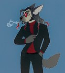 anthro cigarette clothing cut_ear dreadlocks eyewear facial_hair hair hand_in_pocket male pockets red_eyes red_hair smoking solo suit sunglasses sweater topwear turtleneck nullenv peter_sirius hyena mammal striped_hyena hi_res