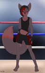 5_toes aged_up anthro athletic_wear barefoot black_hair black_nose bottomwear breasts chest_tuft clothed clothing detailed_background dipstick_tail feet female fighting_ring fingerless_gloves fluffy fluffy_tail front_view fully_clothed gloves gym_bottomwear gym_shorts hair half-closed_eyes hand_on_hip handwear highlights_(coloring) holding_hip looking_at_viewer markings midriff narrowed_eyes navel panties plantigrade pose raised_clothing raised_shirt raised_topwear red_eyes red_highlights shirt shorts small_breasts smile smirk solo standing tail tail_markings thong_straps toes topwear tuft underwear whale_tail rexsatou kamora canid canine demon fox mammal 2021 absurd_res full-length_portrait hi_res portrait