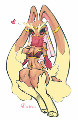 anthro belly_dancer belly_dancer_outfit biped black_nose black_sclera blush breasts brown_body brown_fur claws clothed clothing crown eastern eyelashes female fur gold_(metal) gold_jewelry handwear harem_outfit headgear headwear heart_symbol jewelry looking_at_viewer multicolored_body multicolored_fur navel navel_piercing piercing pose red_eyes scut_tail short_tail simple_background sitting solo tail text thick_thighs tiara topwear wide_hips yellow_body yellow_fur orriven nintendo pokemon generation_4_pokemon lopunny mammal pokemon_(species) 2026 absurd_res artist_name colored digital_drawing_(artwork) digital_media_(artwork) english_text full-length_portrait hi_res pinup portrait shaded sketch three-quarter_portrait watermark