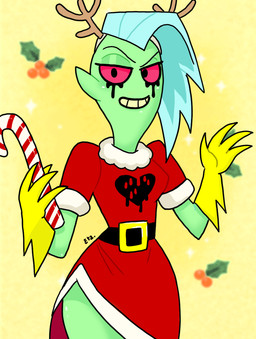 4_fingers breasts candy candy_cane christmas_clothing clothed clothing dessert female fingers food gloves green_body green_skin grin hair handwear holidays humanoid_pointy_ears long_hair noseless pink_sclera pointy_ears smile solo standing teeth white_hair theeyzmaster christmas disney wander_over_yonder lord_dominator alien alien_humanoid humanoid hi_res portrait signature three-quarter_portrait