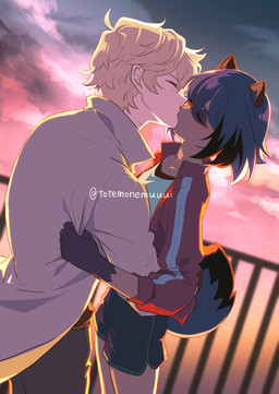 anthro blue_hair blush bottomwear clothed clothing coat duo eyes_closed female fur hair holding_partner human_on_anthro interspecies kissing male male/female orange_body orange_fur romantic romantic_ambiance romantic_couple rooftop shorts size_difference sky skyscape standing topwear trenchcoat white_hair totemonemuuui brand_new_animal studio_trigger michiru_kagemori shirou_ogami canid canine human mammal raccoon_dog tanuki hi_res