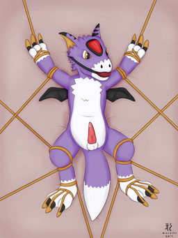 ball_gag bdsm black_body black_fur black_skin black_stripes black_wings bondage bound claws erection feral fluffy fluffy_tail fox_tail fur gag gagged genitals male membrane_(anatomy) membranous_wings nude penis purple_body purple_fur purple_skin restraints rope rope_bondage semi-anthro simple_background solo stripes submissive submissive_male tail white_body white_fur white_skin wings year yellow_eyes young young_feral young_male dracoshu_(artist) bandai_namco digimon mythology digimon_(species) dorumon dragon furred_dragon furred_scalie mythological_creature mythological_scalie scalie x-digimon 2015 3:4 hi_res