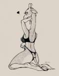 anthro big_butt breasts butt clothed clothing cloven_hooves female heart_symbol hooves horizontal_pupils lingerie long_neck looking_at_viewer looking_back nipple_piercing nipples piercing pupils seductive simple_background smile solo ecmajor nireba_(linna) giraffe giraffid mammal hi_res monochrome traditional_media_(artwork)