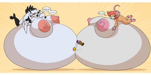 anthro anthro_on_anthro beak belly belly_expansion belly_squish big_belly big_breasts big_nipples black_tail_tip border breast_squish breasts dialogue dipstick_tail disembodied_hand duo expansion feathers feet female female/female female_anthro freckles fur hair huge_belly huge_breasts huge_nipples hyper hyper_belly hyper_breasts hyper_pregnancy hypnosis hypnotic_device hypnotic_eyes implied_growth lying lying_on_self markings mind_control mouse_ears mouse_tail multicolored_body multicolored_hair nipples nude nude_anthro nude_female oblivious offscreen_character on_front orange_body orange_fur orange_hair pregnant rapid_pregnancy simple_background speech_bubble squish tail tail_feathers tail_markings talon_hands talons text toes transformation_through_hypnosis unaware_hypnosis white_body white_border wings larikane cali_(butthutt) avian bird horned_owl mammal mouse murid murine owl rodent snowy_owl true_owl 2026 hi_res