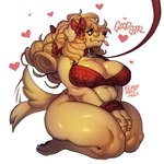anthro belly big_breasts blep blonde_hair breasts clothing eyelashes female fur good_girl hair heart_eyes heart_symbol huge_breasts huge_hips leash lingerie restrained ribbons slightly_chubby slightly_chubby_anthro slightly_chubby_female solo thick_thighs tongue tongue_out wide_hips yellow_body yellow_fur miistniight amelia_steelheart canid canine canis domestic_dog mammal 2025 digital_media_(artwork) hi_res