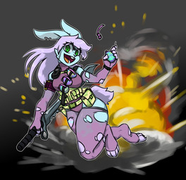 anthro blue_body blue_fur breasts claws clothed clothing damaged_clothing explosion explosives female fluffy fluffy_tail fur green_eyes grenade hair holding_object holding_weapon melee_weapon open_mouth open_smile scar simple_background smile solo sword tail teeth tongue weapon white_hair hijackerdraws lagomorph leporid mammal rabbit hi_res