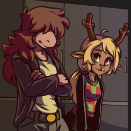 :3 accessory ahoge anthro antlers belt book clothed clothing crossed_arms duo female hair hair_accessory hair_over_eyes hair_tie holding_object horn inside jacket locker standing tomboy topwear plagueofgripes deltarune undertale_(series) noelle_holiday susie_(deltarune) deer mammal new_world_deer reindeer reptile scalie 1:1 2018 hi_res