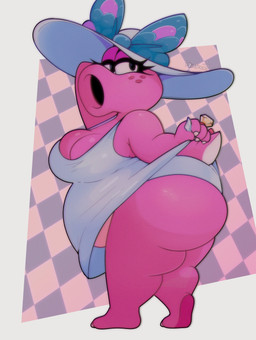 accessory anthro belly belly_overhang big_butt blue_bow blue_clothing blue_dress blue_hat blue_headwear bow_(feature) breasts butt butt_pose claws clothed clothing clothing_grab dress eyelashes eyeshadow feet female freckles glistening hair_accessory hat headgear headwear huge_butt huge_hips huge_thighs looking_at_viewer makeup narrowed_eyes overweight overweight_anthro overweight_female pink_body pose presenting presenting_hindquarters raised_clothing raised_dress ribbons ring siphon_(anatomy) solo sundress tail thick_thighs toe_claws wide_hips dirtann mario_bros mario_kart mario_kart_world nintendo birdo_(character) birdo pink_birdo scalie absurd_res hi_res