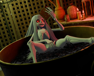 bath bathing bathroom bathtub bone book candle candlelight female fingering fingering_self flat_chested genitals hair holding_book holding_object light long_hair looking_at_object masturbation not_furry nude partially_submerged reading red_eyes rib_cage skeleton skull solo spread_legs spreading vaginal vaginal_fingering vaginal_masturbation vulva water white_body white_hair lorded sumsnermin_(modeler) karaka_(merafume) animated_skeleton humanoid undead 3d_(artwork) absurd_res digital_media_(artwork) hi_res