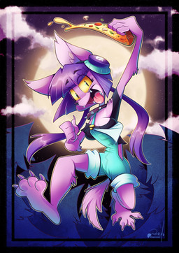 4_fingers anthro barefoot breasts clothing cloud collar feet female fingers food full_moon fur hair holding_food holding_object holding_pizza looking_at_viewer moon overalls pigtails pizza purple_body purple_fur purple_hair smile solo star tail tongue tongue_out vaporotem mythology canid canine mammal mythological_canine mythological_creature werecanid werecanine werecreature werewolf 2025 digital_media_(artwork) hi_res