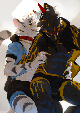 abs anthro anthro_on_anthro band-aid band-aid_on_face band-aid_on_nose bandage bandage_on_face bandage_on_nose black_body black_bottomwear black_clothing black_eyebrows black_fur black_sclera black_shorts black_stripes bottomwear buckle bulge butt butt_grab cape claws clothed clothing collar cross duo ear_piercing eye_contact eyebrows facial_markings fangs fur gold_stripes grabbing_from_behind hair hand_on_butt happy head_markings hood horn hotpants jacket jewelry looking_at_another male male/male markings muscular muscular_anthro muscular_legs muscular_male necklace pawpads piercing pink_inner_ear pink_nose pink_pawpads pink_tongue red_collar red_eyes red_horn shorts simple_background sitting smile smirk stripes tail teeth tongue topwear white_background white_body white_eyebrows white_fur white_hair white_tail yellow_eyes yellow_stripes leno_woof felid mammal pantherine tiger 2020 absurd_res detailed digital_media_(artwork) hi_res shaded