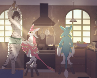 animal_butchery_diagram anthro biped bound clothed clothing furniture group hair imminent_death kitchen male stool tail trio underwear underwear_only window munkeesgomu avali felid feline mammal