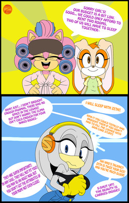 anthro bathrobe blindfold bottomwear breasts clothed clothing dialogue electronics eyemask eyes_closed eyewear female fur gloves group hair hair_curlers handwear headphones mask open_mouth pink_body robe shirt shorts simple_background sleep_mask smile speech_bubble teeth text topwear trio young young_anthro young_female zeta_r-02 sega sonic_the_hedgehog_(series) amy_rose cream_the_rabbit zeta_the_echidna echidna eulipotyphlan hedgehog lagomorph leporid mammal monotreme rabbit digital_media_(artwork) english_text hi_res