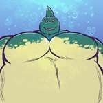 air_bubble anthro belly big_belly fin green_body joungi_(jasperthecrab) male pecs shark_fin solo underwater water jasperthecrab pec_pov_meme fish marine shark hi_res