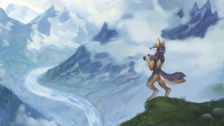 anthro landscape male mountain nature nature_background photographer solo famir canid canine mammal 16:9 4k absurd_res hi_res widescreen