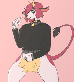 anthro bell bell_collar belly belly_overhang bodily_fluids clothing collar facial_piercing female gesture hair hand_gesture holding_belly horn lactating looking_at_viewer nose_piercing nose_ring piercing pointing pointing_at_self presenting red_hair ring_piercing slightly_chubby solo spread_legs spreading sweater tail tail_tuft teats topwear tuft udders erimad eri_(erimad) bovid bovine cattle mammal colored hi_res sketch