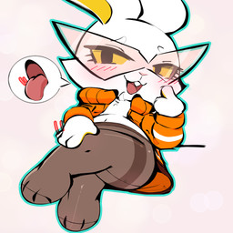 3_toes 4_fingers anthro black_eyes blue_outline blush blush_lines buckteeth cheek_tuft chest_tuft clothed clothing crossed_legs eyebrows eyelashes eyewear facial_tuft feet fingers fur glasses hand_on_leg jacket legwear long_ears looking_at_viewer open_clothing open_jacket open_mouth open_smile open_topwear orange_clothing orange_jacket orange_topwear outline pantyhose pink_background pink_nose red_tongue simple_background smile solo speech_bubble teeth teeth_showing toes tongue tongue_out topwear tsurime tuft white_body white_ears white_eyebrows white_fur yellow_inner_ear yellow_sclera aka_leopard bombun bombun_(kekitopu) lagomorph leporid mammal rabbit 1:1 absurd_res hi_res pictographics