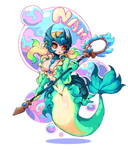 5_fingers breasts bubble female fingers hair holding_object multicolored_hair open_mouth orange_eyes solo split_form text ioh league_of_legends riot_games tencent nami_(lol) aquatic merfolk 2021 english_text hi_res