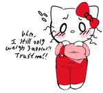 anthro belly blush clothing domestic_cat english_text felid feline felis female fur hello_kitty_(character) hello_kitty_(series) kittystarr mammal nervous nervous_sweat overalls overweight overweight_female sanrio solo text white_body white_fur