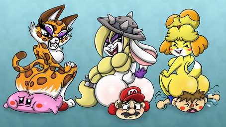 anthro big_butt blush blushing_profusely butt countershading female fur group male male/female markings nude sitting smothering spots spotted_body spotted_fur thick_thighs white_body white_fur wide_hips yellow_body yellow_fur shinragod animal_crossing kirby_(series) kirby_and_the_forgotten_land mario_bros nintendo super_mario_odyssey broodal clawroline hariet_(mario) isabelle_(animal_crossing) kirby mario villager_(animal_crossing) canid canine canis domestic_dog felid human lagomorph leopard leporid mammal pantherine rabbit crossover hi_res