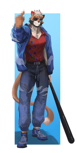 anthro baseball_bat bat_(object) belt bottomwear censored_hand clothing coat eye_patch eyewear footwear gesture hand_gesture jewelry male middle_finger necklace pants shirt shoes sneakers solo topwear delax tianhehui chen_hu_(tianhehui) felid mammal pantherine tiger absurd_res censored hi_res