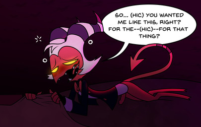 dialogue drunk genitals glowing glowing_eyes horn lying male on_model open_mouth open_smile penis sharp_teeth small_penis smile solo substance_intoxication teeth text keno9988 hellaverse helluva_boss moxxie_(helluva_boss) demon demon_humanoid humanoid imp english_text hi_res