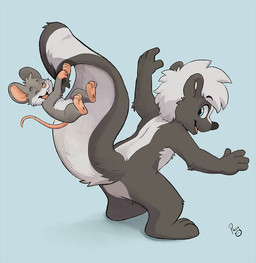 anthro black_nose blue_background blue_eyes cheek_tuft duo eyes_closed facial_tuft featureless_crotch fur grey_body grey_fur hair happy head_tuft logo male nude open_mouth open_smile playful short_hair simple_background size_difference smile standing tuft white_body white_fur white_hair young young_anthro young_male pandapaco mammal mephitid mouse murid murine rodent skunk artist_logo signature