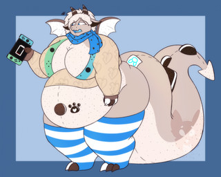 2_horns anthro back_wings big_breasts biped blue_scarf bottomless bottomless_anthro bottomless_female breasts cleavage clothed clothing cookie female female_anthro food footprint holding_nintendo_switch horn inner_boob markings obese overweight overweight_anthro overweight_female partially_clothed partially_clothed_anthro partially_clothed_female pawprint pawprint_(marking) plushie scarf seam_(sewing) small_wings solo speckles tail tan_clothing tan_sweater tan_topwear thick_tail thick_thighs topwear wings strawberrymilkdog animal_crossing mythology nintendo nintendo_switch oreo_cookie rori_paws animate_inanimate dragon living_plushie mythological_creature mythological_scalie scalie 2023 colored hi_res
