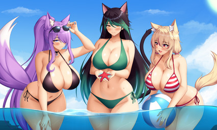 ball beach_ball big_breasts bikini black_bikini black_clothing black_hair black_swimwear blonde_hair blue_eyes blush breasts cleavage clothed clothing collar collarbone dipstick_tail ear_piercing ear_stud eyebrows eyelashes eyewear eyewear_on_head fangs female glistening glistening_body glistening_breasts glistening_skin green_bikini green_clothing green_hair green_swimwear group hair holding_object huge_breasts inflatable inner_ear_fluff markings navel open_mouth open_smile partially_submerged pattern_bikini pattern_clothing pattern_swimwear piercing ponytail purple_hair red_eyes side-tie_bikini smile string_bikini striped_bikini striped_clothing striped_swimwear stripes sunglasses sunglasses_on_head swimwear tail tail_markings teeth thick_thighs trio tuft two-piece_swimsuit water wide_hips yellow_eyes reiko001 animal_humanoid aquatic asterozoan canid canid_humanoid canine canine_humanoid cat_humanoid echinoderm felid felid_humanoid feline feline_humanoid fox_humanoid humanoid mammal mammal_humanoid starfish 2025 absurd_res hi_res