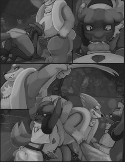 anthro balls blush bodily_fluids bound bulge clothing cum cum_in_mouth cum_inside duo_focus exhibitionism fellatio genital_fluids genitals group head_in_crotch jewelry knot male male/male necklace oral penile penis pole sex strip_club stripper_pole thong tongue tongue_out underwear jigglet nintendo pokemon colton leis charizard floatzel generation_1_pokemon generation_4_pokemon lucario meowth pokemon_(species) vulpix comic hi_res monochrome
