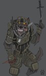 anthro armor belt biped body_armor chain clothed clothing dog_tags fully_clothed grey_background headgear helmet jewelry knee_pads knife male necklace simple_background smoking solo standing teeth torn_clothing weapon wolfdawg canid canine canis mammal wolf 2017 hi_res