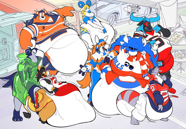 ambiguous_gender american_football anthro beak belly beverage big_belly blonde_hair bottomwear burping clothing dialogue electronics female fur grey_body grey_scales group hair hat headgear headwear horn imminent_digestion imminent_vore jacket male medium_truck morbidly_obese obese orange_body orange_fur orange_hair overweight pants plumage scales scarf shorts smile snack sport sweater tail television thick_tail topwear truck van vehicle vore weight_gain white_body white_fur boot_(artist) buffalo_bills chicago_bears denver_broncos los_angeles_rams nfl asinus avian bear bird bovid bovine buffalo caprine donkey equid equine goat lizard mammal reptile scalie yak 2026 hi_res