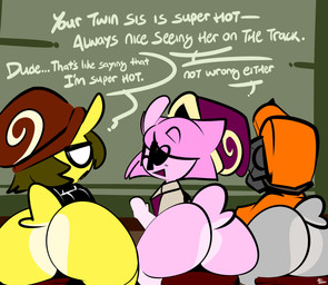 anthro black_eyes bottomless brown_hair butt butt_shot clothed clothing dialogue dot_eyes eyewear glasses grey_body grey_skin group gun hair male pink_body pink_hair pink_skin ranged_weapon shell_hat simple_eyes sitting trio weapon white_eyes yellow_body yellow_skin thefablednekos spiral_stream_derby bon-bon_(thefablednekos) jerry_capshell starting_gun_snail_(spiral_stream_derby) gastropod mollusk snail hi_res