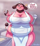 anthro apron apron_only big_breasts bovid bovine breasts clothing curvy_figure english_text female fur generation_2_pokemon heart_symbol hi_res holding_object horn huge_breasts looking_at_viewer mammal miltank mostly_nude nintendo one_eye_closed overweight overweight_anthro overweight_female pink_body pink_fur pokemon pokemon_(species) signature solo tentabat text thick_thighs voluptuous wink