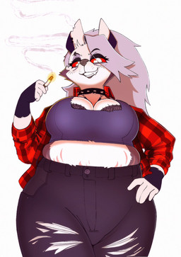 4_fingers anthro belly bottomwear bra breasts cigarette clothed clothing collar ear_piercing ear_ring eyebrow_piercing eyebrow_ring eyelashes facial_piercing female fingerless_gloves fingers fur gloves grey_hair hair handwear holding_cigarette holding_object looking_at_viewer notched_ear open_mouth open_smile pants piercing red_sclera ring_piercing sharp_teeth simple_background slightly_chubby slightly_chubby_anthro slightly_chubby_female smile smoke solo spiked_collar spikes stretch_marks teeth tired_eyes torn_bottomwear torn_clothing torn_pants underwear white_background white_body white_eyes white_fur noogatdelight_(artist) hellaverse helluva_boss mythology loona_(helluva_boss) canid canid_demon canine demon hellhound mammal mythological_canine mythological_creature 2023 hi_res