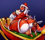 anthro big_butt bodily_fluids breasts butt christmas_clothing christmas_headwear claws clothing costume dizzy duo fangs female fur genital_fluids gift hair hat head_turned headgear headwear holding_object holding_paper holidays looking_at_viewer male male/female on_lap open_mouth overweight overweight_anthro overweight_female paper reindeer_antlers reindeer_costume santa_costume santa_hat sex side_boob sitting sitting_on_another sitting_on_lap sky sled star starry_sky teeth thick_thighs toe_claws tongue tongue_out vaginal_fluids wide_hips shenzel christmas trinity_(shenzel) canid canine canis dinosaur domestic_dog mammal prehistoric_species reptile scalie theropod tyrannosaurid tyrannosauroid tyrannosaurus tyrannosaurus_rex 2017 hi_res