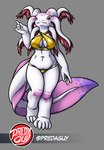 albino anthro belly_overhang big_breasts bikini bikini_bottom bikini_top breasts cleavage_cutout clothing cutout external_gills female gills gold_bikini knock-kneed looking_at_viewer navel non-mammal_breasts non-mammal_navel paddle_tail pink_spots pseudo_hair red_eyes slightly_chubby slightly_chubby_anthro slightly_chubby_female smile smiling_at_viewer solo spots swimwear thick_thighs two-piece_swimsuit white_body wide_hips predaguy golden_week atzi_(predaguy) amphibian axolotl marine mole_salamander salamander hi_res