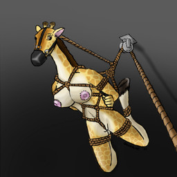 anthro anthrofied bdsm bondage bound breasts female gradient_background hooves low-angle_view mane muzzle_(object) muzzled nipples restraints rope rope_bondage rope_harness simple_background solo suspension quakehoof bridget_(the_wild) giraffe giraffid mammal 2012 full-length_portrait portrait