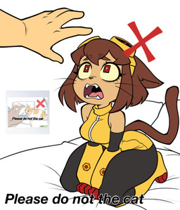 anthro bed biped brown_body brown_fur brown_hair clothed clothed_anthro clothed_female clothing disembodied_hand duo eyewear eyewear_on_head fangs female female_anthro fur furniture goggles goggles_on_head hair kneeling looking_at_another on_bed open_mouth red_eyes scared simple_background snout solo_focus tail tan_body tan_skin teeth text thick_thighs three-quarter_view whiskers white_background x_symbol srbready gameoverse glitch_productions please_do_not_the_cat kit_bodega felid feline human mammal 2026 absurd_res digital_drawing_(artwork) digital_media_(artwork) english_description english_text hi_res meme reference_image