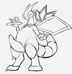 bedroom_eyes beverage bodily_fluids bow_tie collar dripping genital_fluids genitals male narrowed_eyes penis precum seductive server solo standing waiter mikapoofs nintendo pokemon flygon generation_3_pokemon pokemon_(species) hi_res monochrome