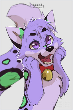 bell bell_collar black_eyebrows black_markings black_nose cheek_tuft collar collar_only eyebrows facial_tuft fangs feral fur green_markings head_tuft looking_up male markings nude open_mouth open_smile pupils purple_body purple_eyes purple_fur simple_background small_pupils smile solo spots spotted_markings spotted_tail tail tail_markings teeth toony tuft azzai felid leopard mammal pantherine 2020 cel_shading colored digital_drawing_(artwork) digital_media_(artwork) shaded