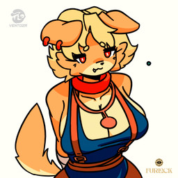 anthro big_breasts blonde_hair breasts ear_piercing female hair headpat high-angle_view piercing red_eyes ring_piercing simple_background solo tail ventoza deadlock_(game) valve jacob_lash canid canine canis domestic_dog mammal animated hi_res