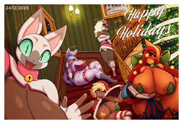 2_horns anthro armless bell bell_collar big_breasts black_body blonde_hair blue_body blue_eyes blue_hair blush book boots border breasts brown_body brown_eyes brown_fur christmas_clothing christmas_headwear christmas_tree clothing collar detailed_background ear_piercing ear_ring eyelashes female footwear fur gloves grey_body grey_fur group hair handwear hat headgear headwear holding_book holding_object holidays horn huge_breasts leggings legwear looking_at_viewer multicolored_body multicolored_fur muscular muscular_female one_eye_closed open_mouth orange_body painting pasties pattern_clothing pattern_legwear piercing plant purple_eyelids red_body red_clothing red_eyelids red_hair ring_piercing santa_hat shoes stairs star_pasties stockings striped_clothing striped_legwear stripes tail tan_body text thick_thighs tongue tongue_out tree white_body white_border white_clothing white_fur wide_hips wink winking_at_viewer complextree diives gammainks presialexander r-mk book_covering_breasts christmas happy_holidays nintendo pokemon xingzuo_temple diana_(r-mk) flor_(gammainks) mila_(president_alexander) tang_(diives) bovid caprine eeveelution equid equine felid feline generation_3_pokemon generation_4_pokemon glaceon humanoid mammal milotic pokemon_(species) sheep 2025 absurd_res artist_collaboration artist_name dated hi_res meme signature