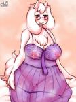 anthro blush bodily_fluids body_blush breast_blush breasts clothing eyewear female genital_fluids genitals glasses lactating looking_at_viewer mature_anthro mature_female milk negligee nightgown nipples pussy smile solo translucent translucent_clothing vaginal_fluids wide_hipped_female wide_hips ankk undertale undertale_(series) toriel boss_monster_(undertale) bovid caprine mammal 3:4 digital_media_(artwork) hi_res