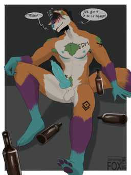 alcohol animal_genitalia animal_penis anthro armpit_hair balls beverage black_hair blue_hair blue_nipples blue_nose blush body_hair bottle canine_genitalia canine_penis chest_tuft container drunk ear_piercing erection facial_piercing fur genital_piercing genitals green_armpit_hair green_pubes hair knot lip_piercing looking_at_viewer male mastectomy_scar multicolored_body multicolored_fur multicolored_hair nipples nose_piercing penis penis_piercing piercing prince_albert_piercing pubes purple_hair scar solo substance_intoxication text tuft sinningfox frisky_(foxjxck) canid canine fox mammal 3:4 english_text hi_res